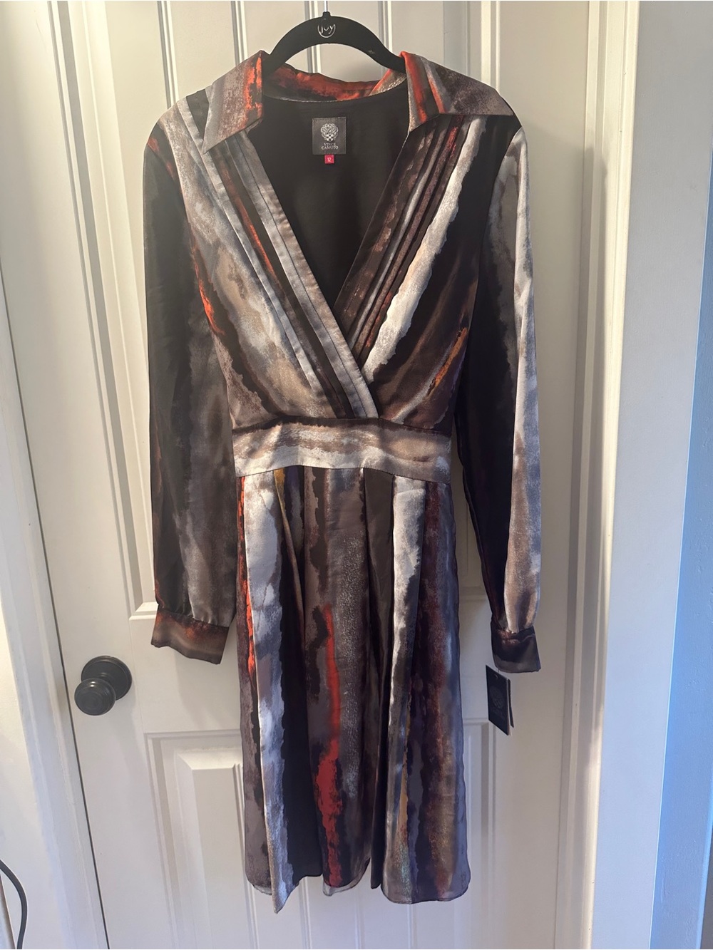 NWT Vince Camuto Collared Tie Waist Dress Gray Black Orange Size 12